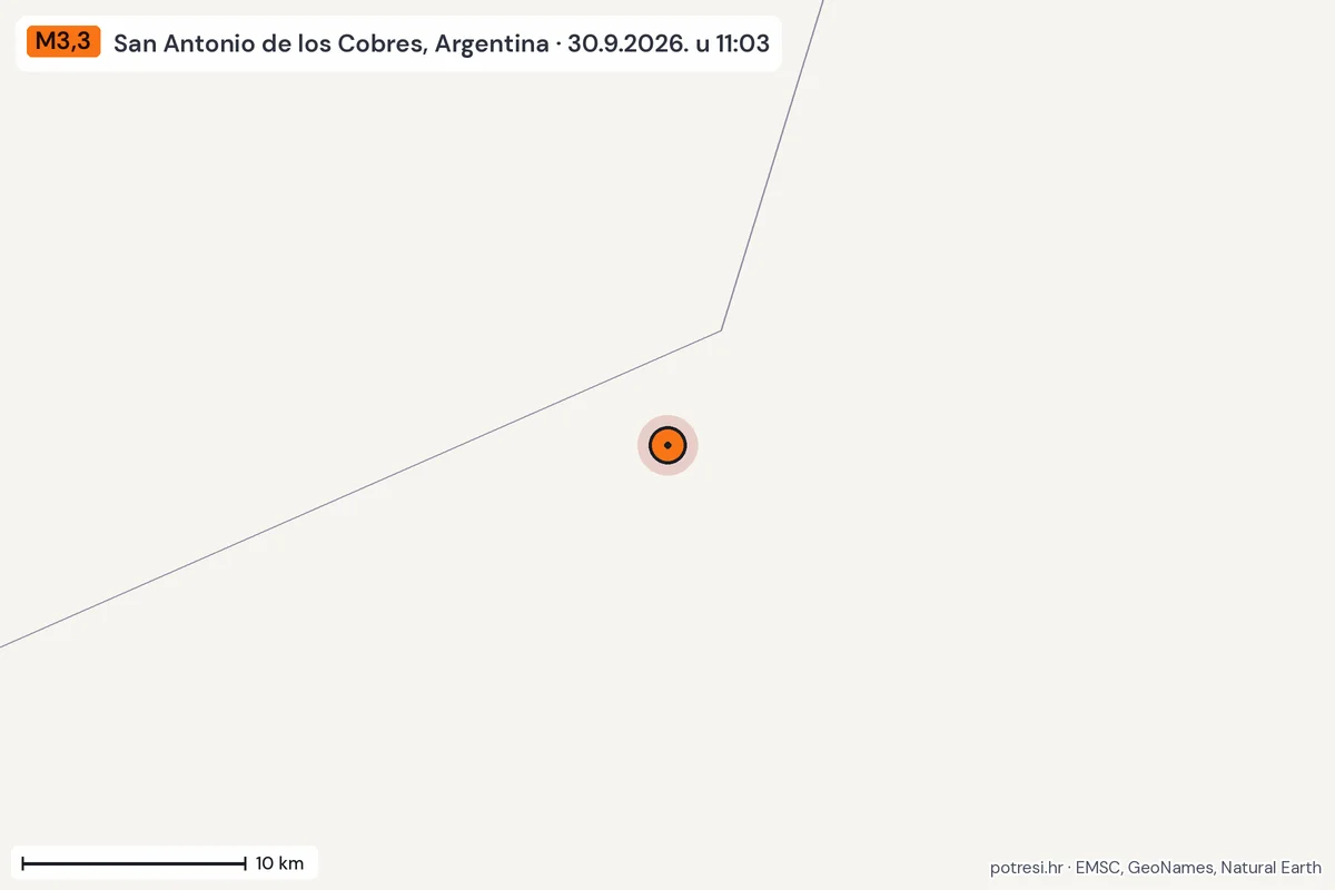 Karta: okolica epicentra, 60 km, potres M3,3, San Antonio de los Cobres, Argentina, 30.9.2026.