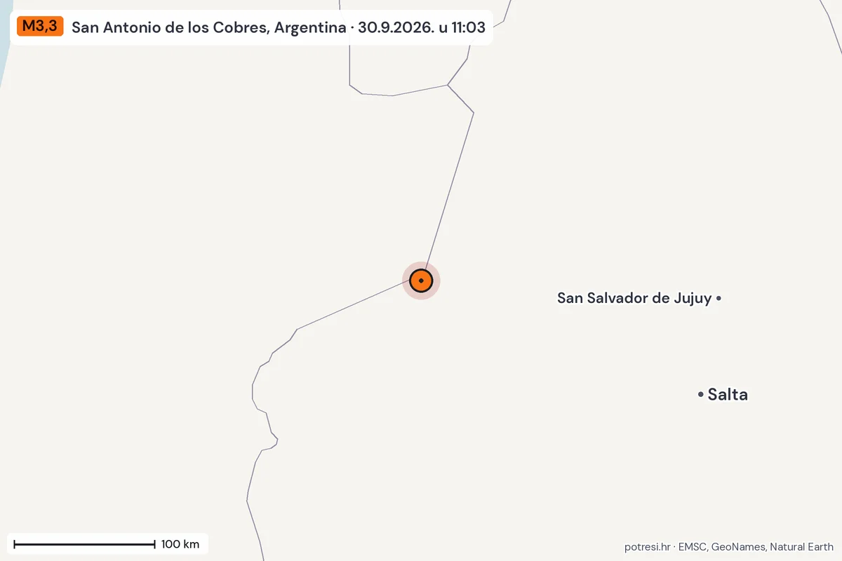 Karta: šire područje, 600 km, potres M3,3, San Antonio de los Cobres, Argentina, 30.9.2026.