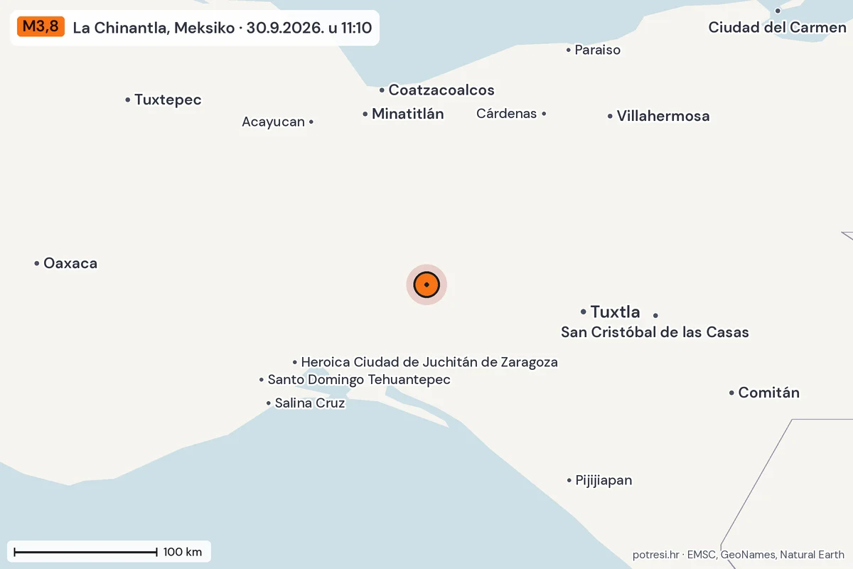 Karta: šire područje, 600 km, potres M3,8, La Chinantla, Meksiko, 30.9.2026.