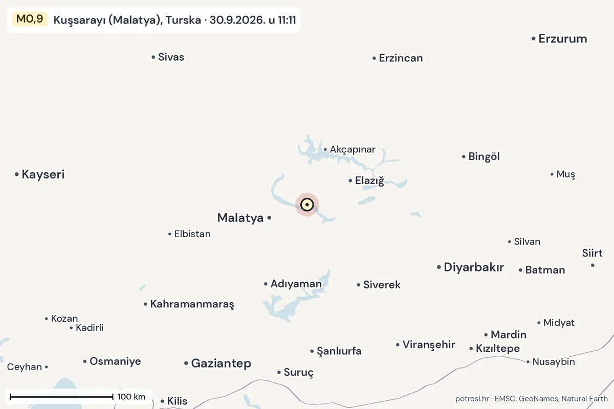 Karta: šire područje, 600 km, potres M0,9, Kuşsarayı (Malatya), Turska, 30.9.2026.