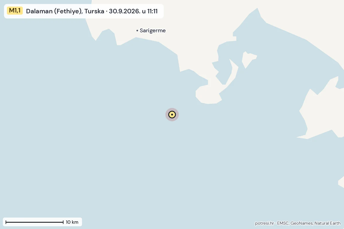 Karta: okolica epicentra, 60 km, potres M1,1, Dalaman (Fethiye), Turska, 30.9.2026.
