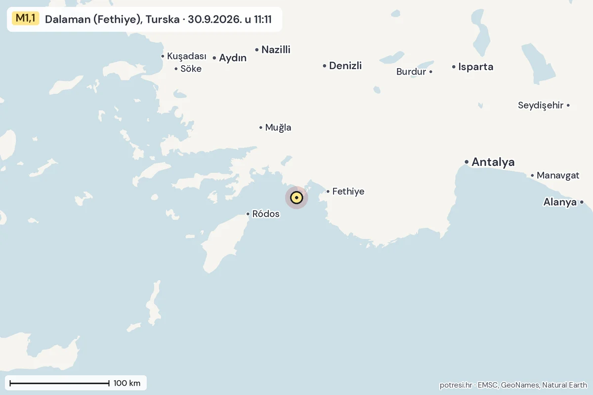 Karta: šire područje, 600 km, potres M1,1, Dalaman (Fethiye), Turska, 30.9.2026.