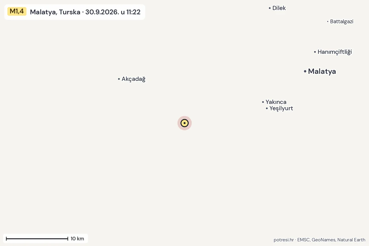 Karta: okolica epicentra, 60 km, potres M1,4, Malatya, Turska, 30.9.2026.