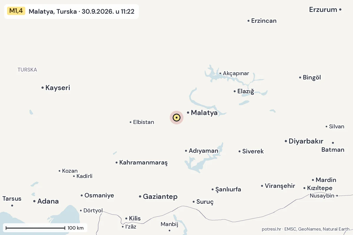 Karta: šire područje, 600 km, potres M1,4, Malatya, Turska, 30.9.2026.