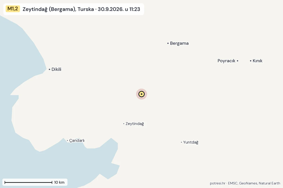 Karta: okolica epicentra, 60 km, potres M1,2, Zeytindağ (Bergama), Turska, 30.9.2026.