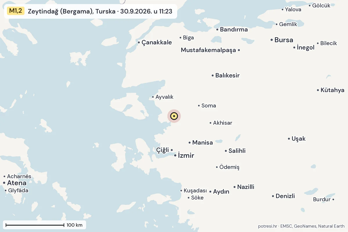 Karta: šire područje, 600 km, potres M1,2, Zeytindağ (Bergama), Turska, 30.9.2026.