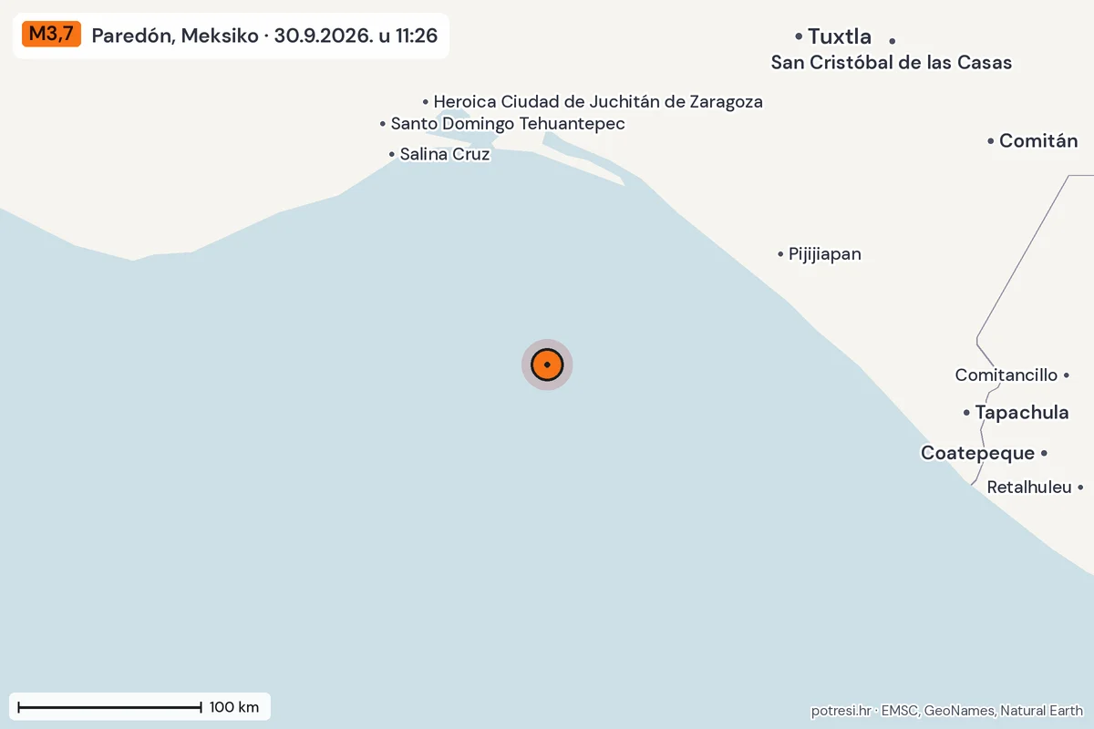 Karta: šire područje, 600 km, potres M3,7, Paredón, Meksiko, 30.9.2026.