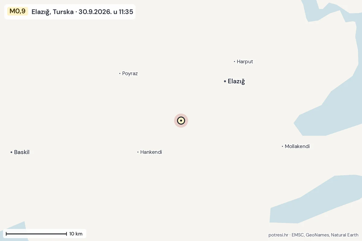 Karta: okolica epicentra, 60 km, potres M0,9, Elazığ, Turska, 30.9.2026.