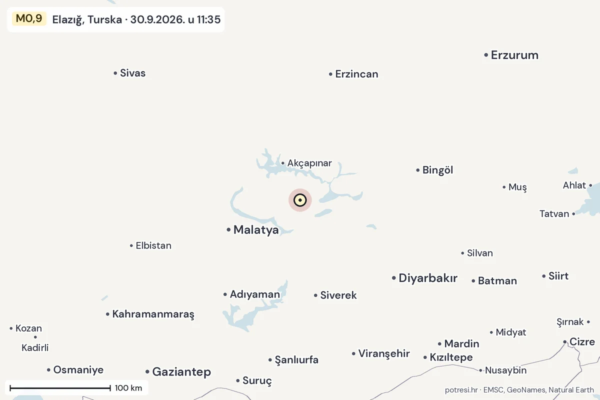 Karta: šire područje, 600 km, potres M0,9, Elazığ, Turska, 30.9.2026.