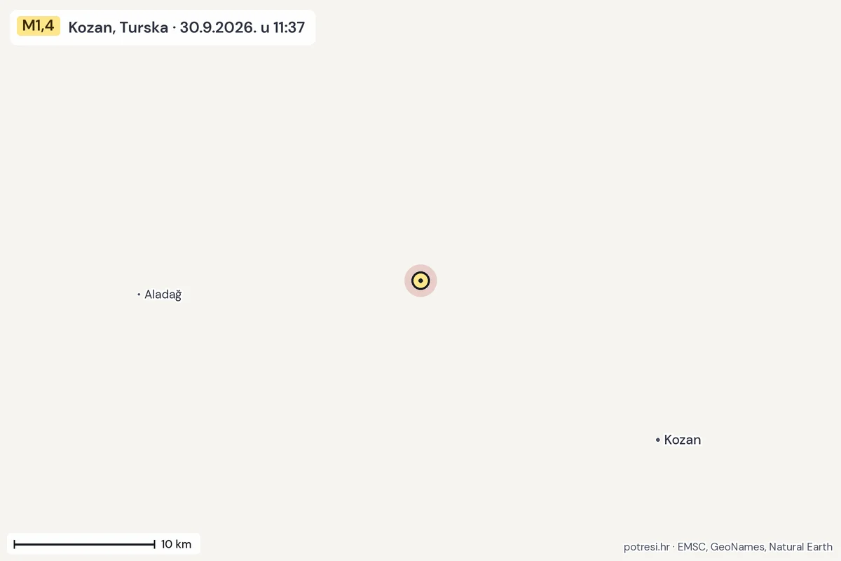 Karta: okolica epicentra, 60 km, potres M1,4, Kozan, Turska, 30.9.2026.