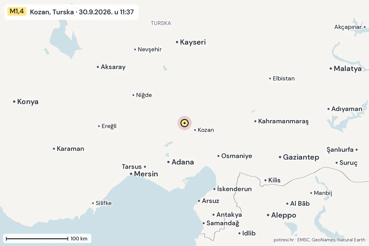 Karta: šire područje, 600 km, potres M1,4, Kozan, Turska, 30.9.2026.