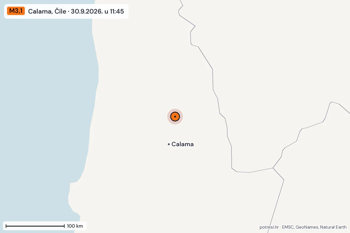 Karta: šire područje, 600 km, potres M3,1, Calama, Čile, 30.9.2026.