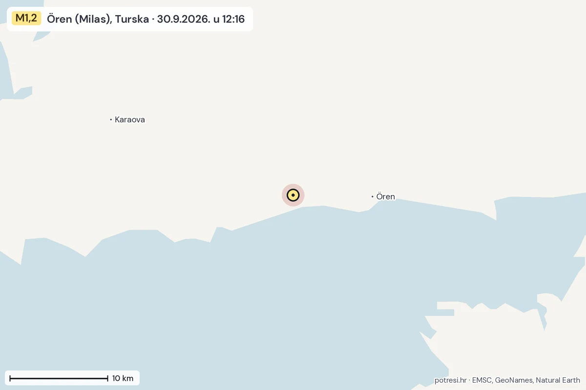 Karta: okolica epicentra, 60 km, potres M1,2, Ören (Milas), Turska, 30.9.2026.