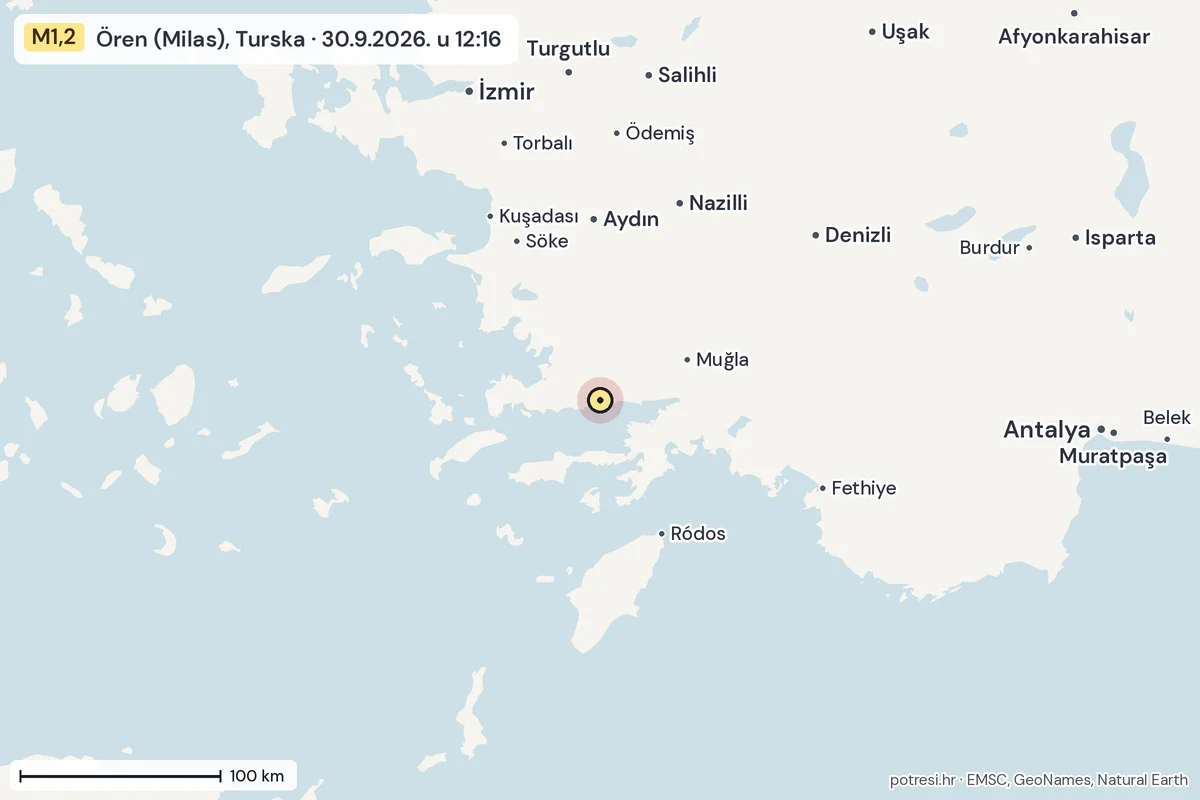 Karta: šire područje, 600 km, potres M1,2, Ören (Milas), Turska, 30.9.2026.
