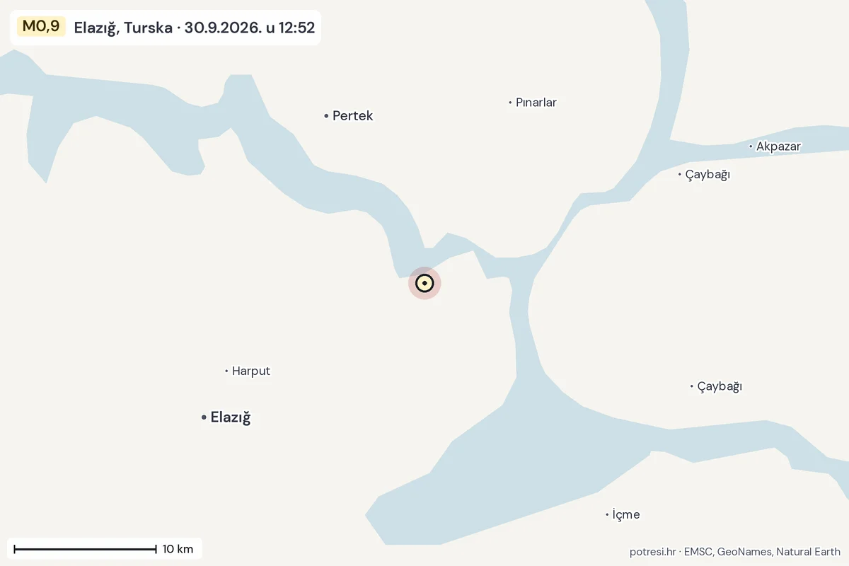Karta: okolica epicentra, 60 km, potres M0,9, Elazığ, Turska, 30.9.2026.