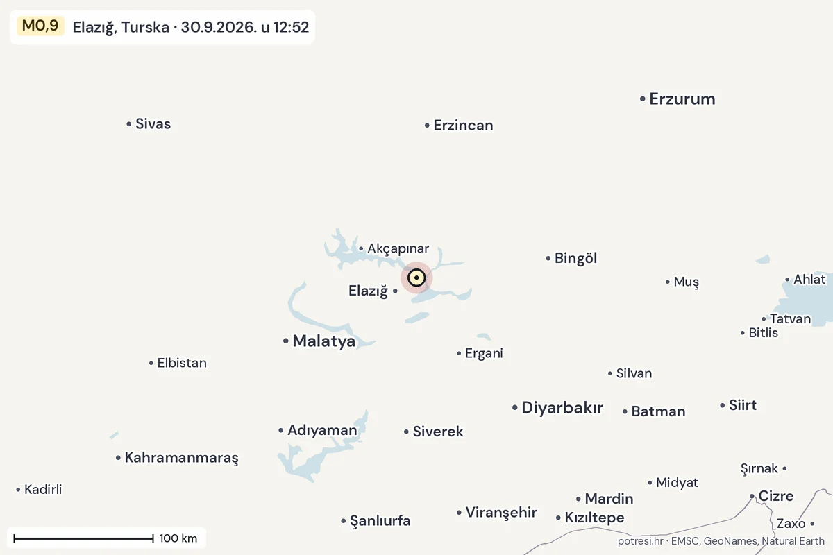 Karta: šire područje, 600 km, potres M0,9, Elazığ, Turska, 30.9.2026.