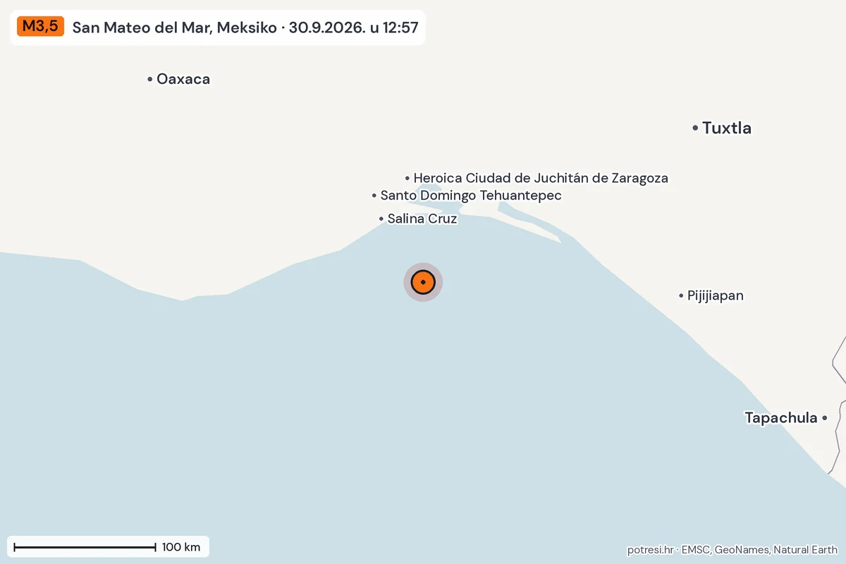 Karta: šire područje, 600 km, potres M3,5, San Mateo del Mar, Meksiko, 30.9.2026.