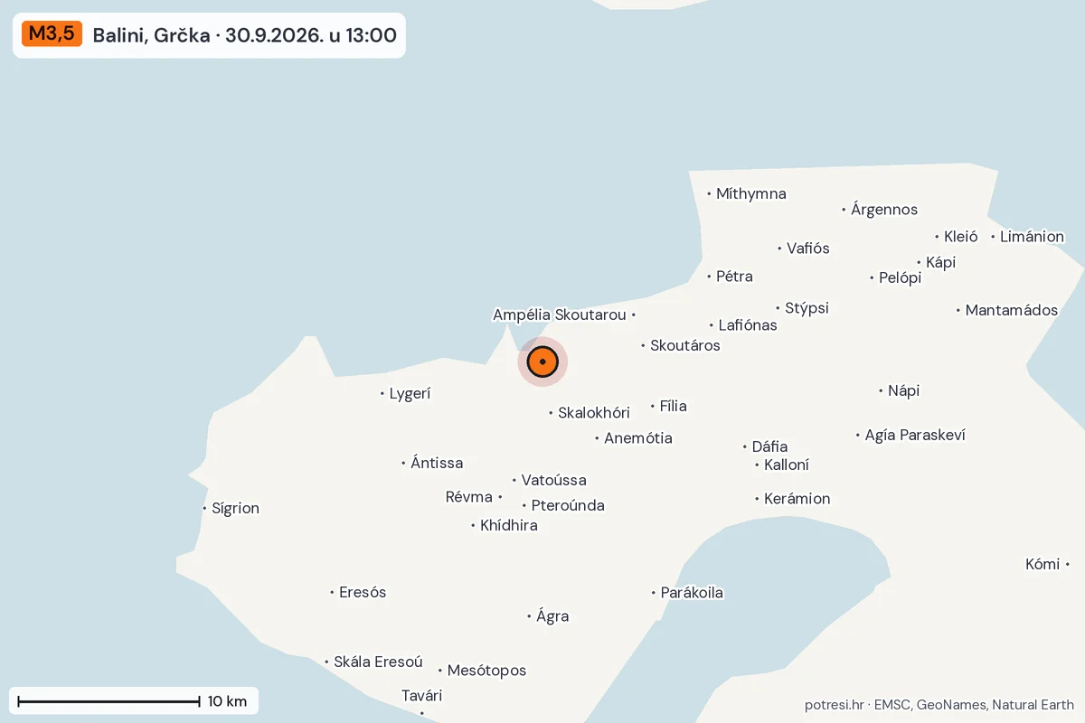 Karta: okolica epicentra, 60 km, potres M3,5, Balini, Grčka, 30.9.2026.