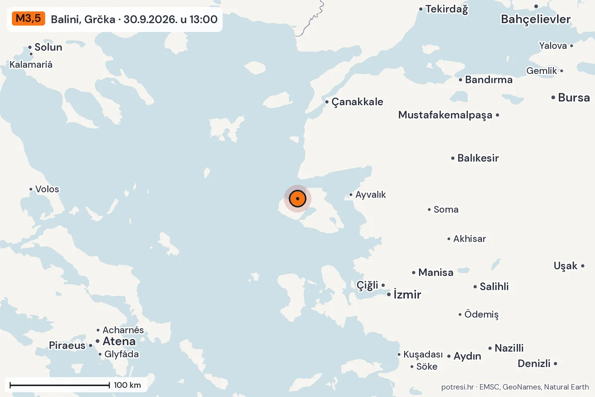 Karta: šire područje, 600 km, potres M3,5, Balini, Grčka, 30.9.2026.