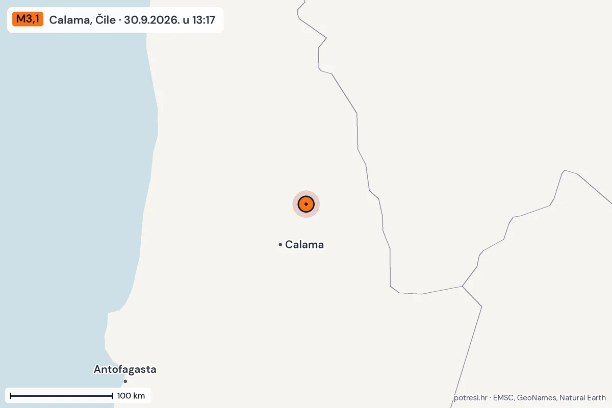 Karta: šire područje, 600 km, potres M3,1, Calama, Čile, 30.9.2026.