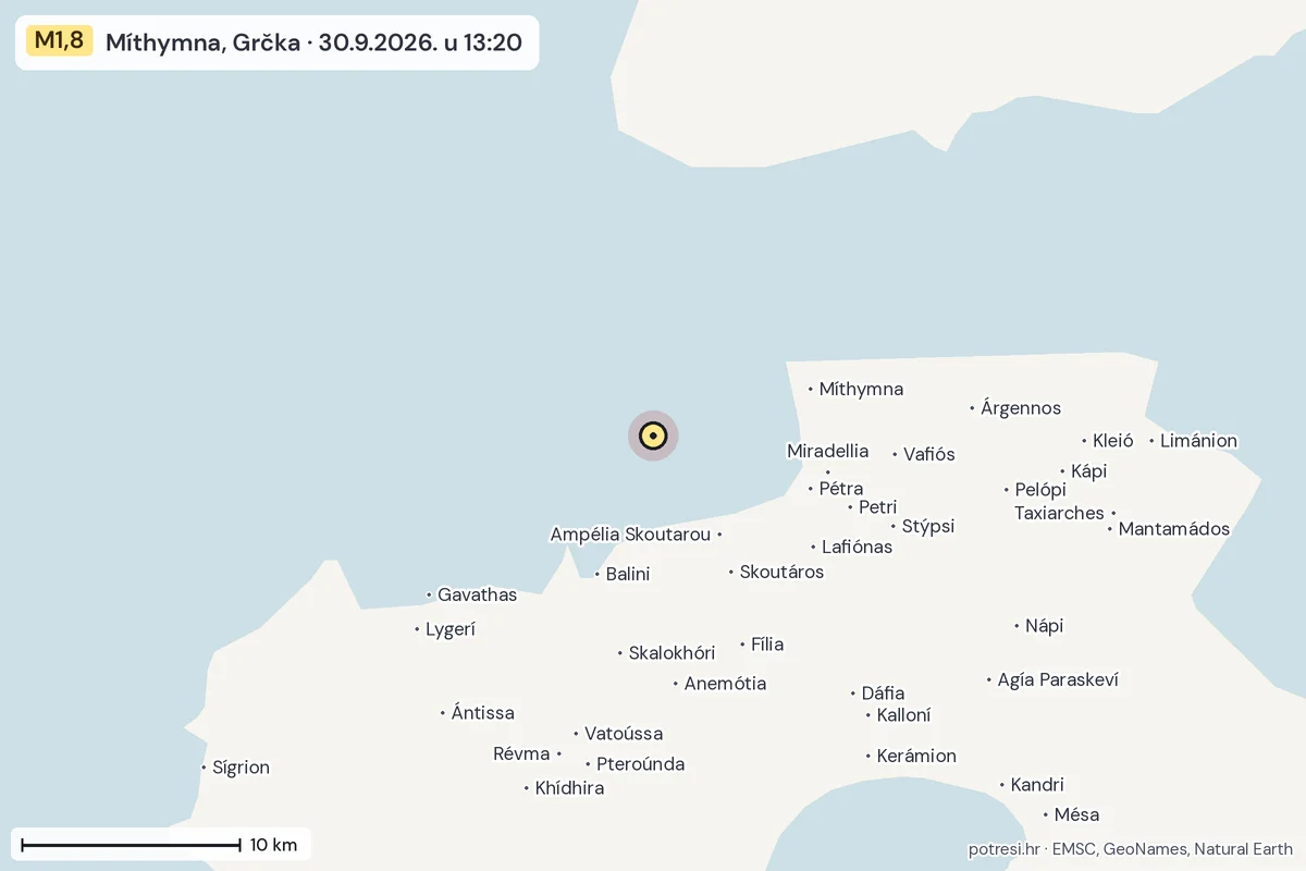 Karta: okolica epicentra, 60 km, potres M1,8, Míthymna, Grčka, 30.9.2026.