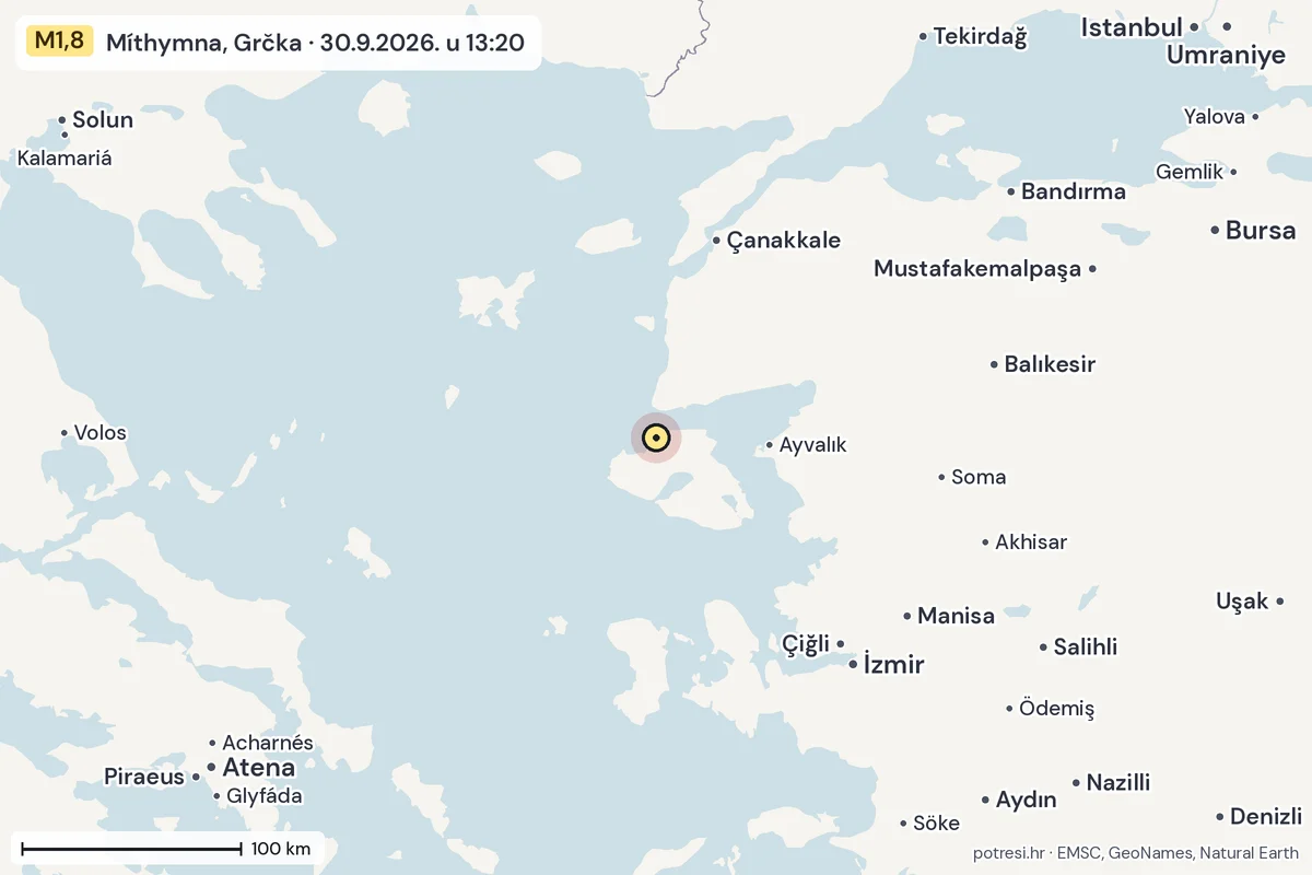 Karta: šire područje, 600 km, potres M1,8, Míthymna, Grčka, 30.9.2026.