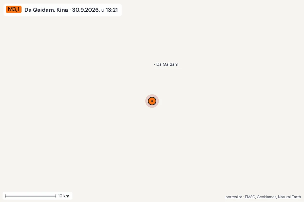 Karta: okolica epicentra, 60 km, potres M3,1, Da Qaidam, Kina, 30.9.2026.