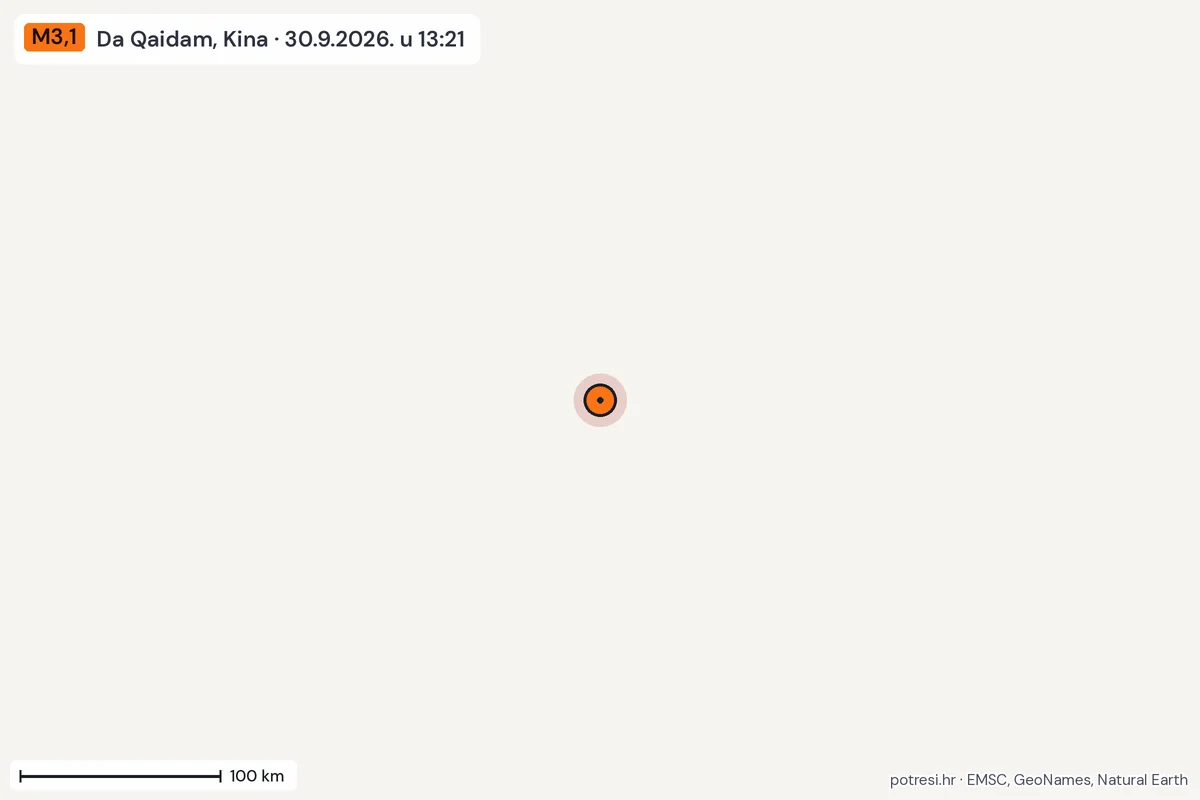 Karta: šire područje, 600 km, potres M3,1, Da Qaidam, Kina, 30.9.2026.