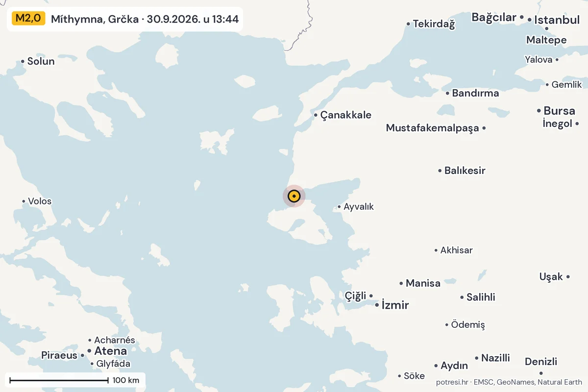Karta: šire područje, 600 km, potres M2,0, Míthymna, Grčka, 30.9.2026.