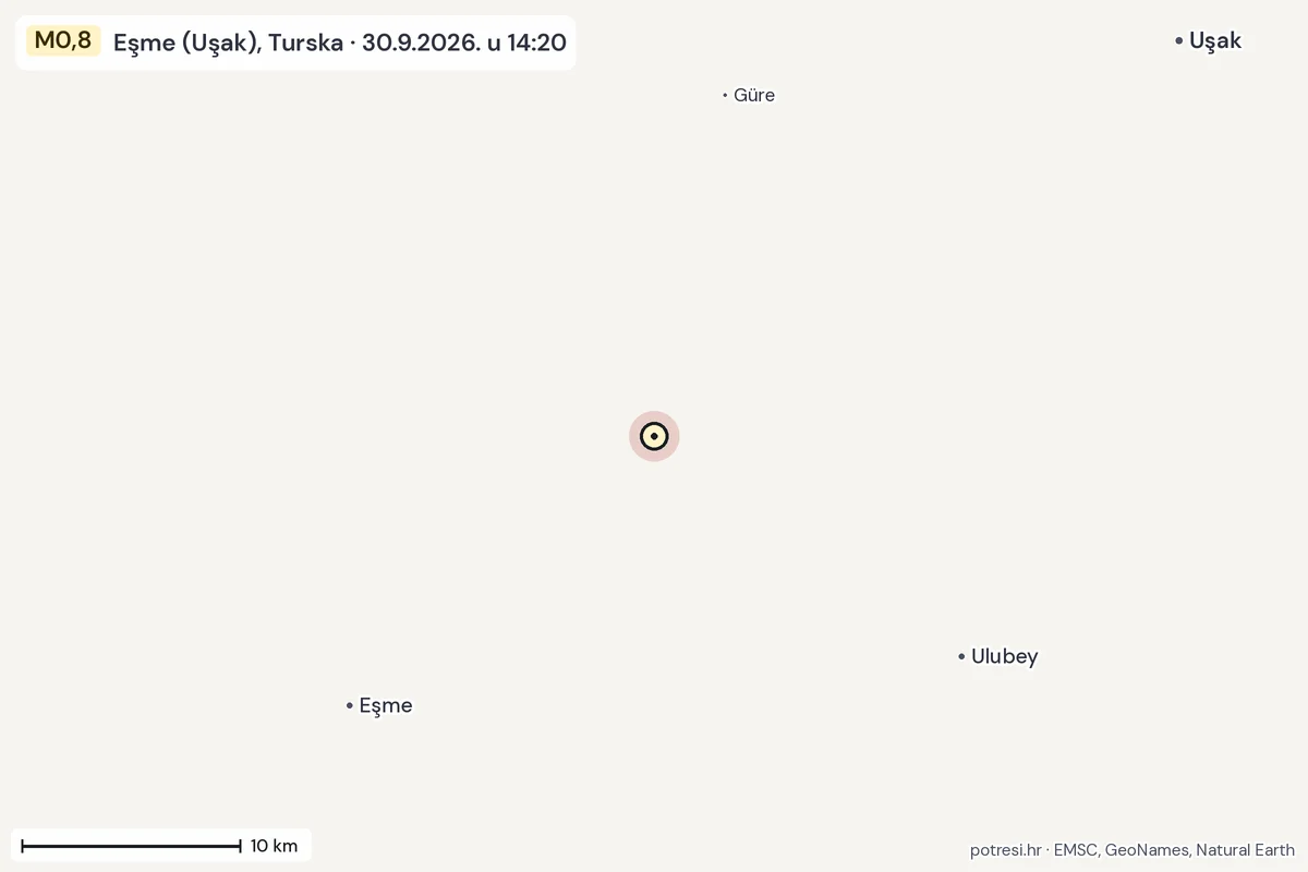 Karta: okolica epicentra, 60 km, potres M0,8, Eşme (Uşak), Turska, 30.9.2026.