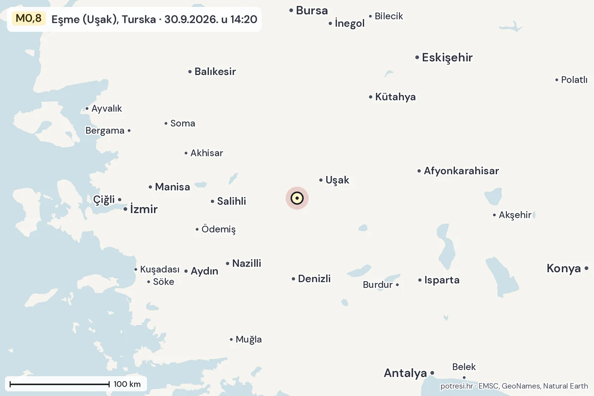 Karta: šire područje, 600 km, potres M0,8, Eşme (Uşak), Turska, 30.9.2026.