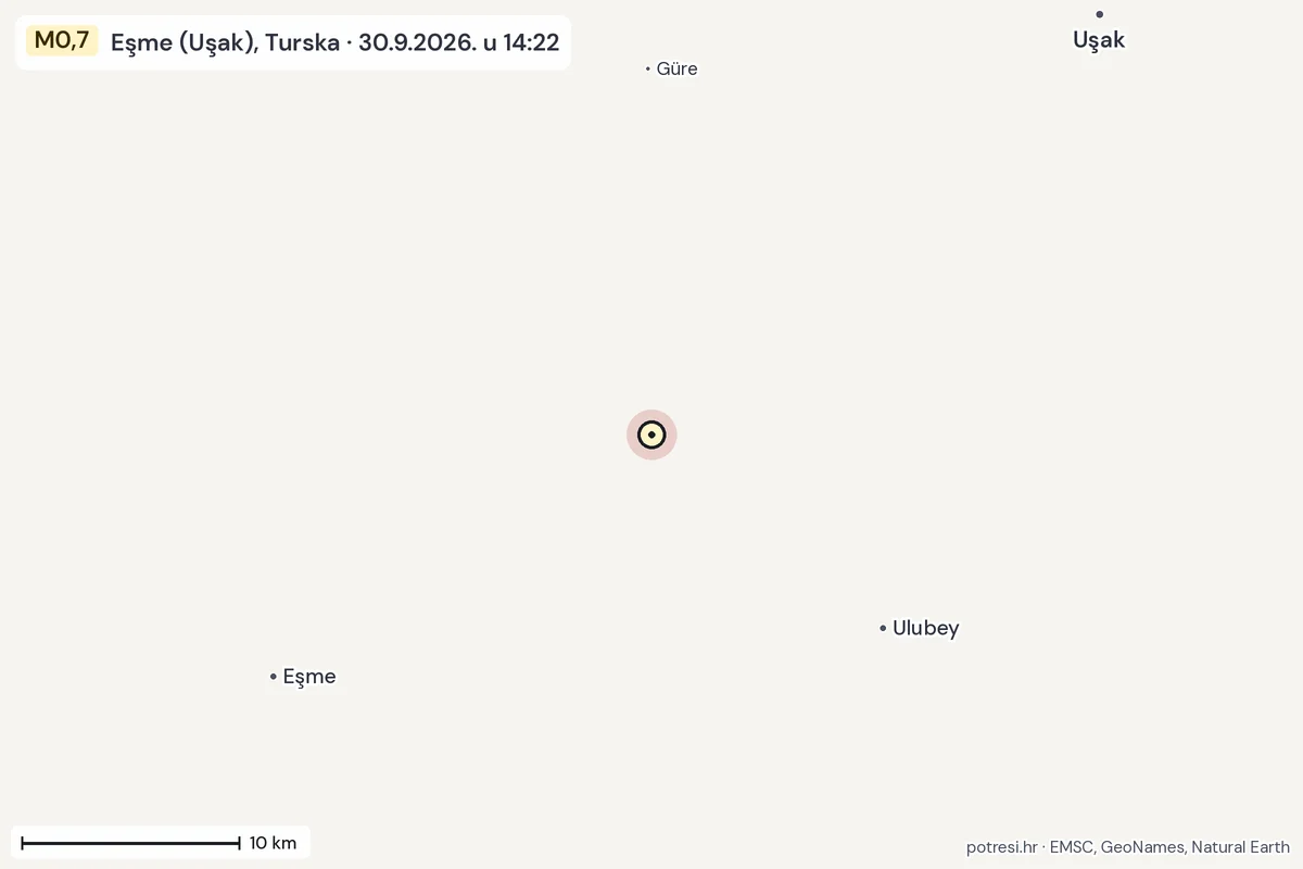 Karta: okolica epicentra, 60 km, potres M0,7, Eşme (Uşak), Turska, 30.9.2026.