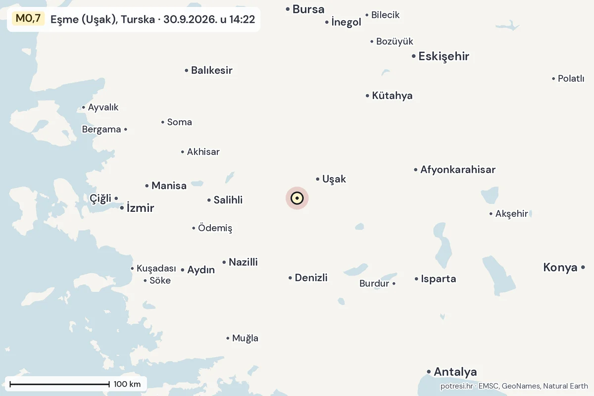 Karta: šire područje, 600 km, potres M0,7, Eşme (Uşak), Turska, 30.9.2026.