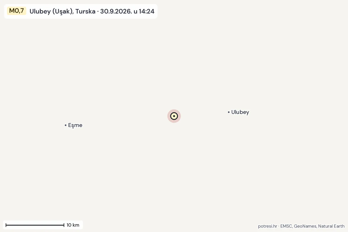 Karta: okolica epicentra, 60 km, potres M0,7, Ulubey (Uşak), Turska, 30.9.2026.