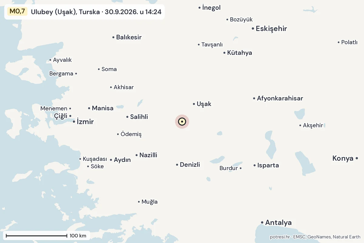 Karta: šire područje, 600 km, potres M0,7, Ulubey (Uşak), Turska, 30.9.2026.