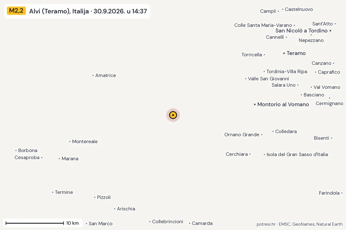 Karta: okolica epicentra, 60 km, potres M2,2, Alvi (Teramo), Italija, 30.9.2026.