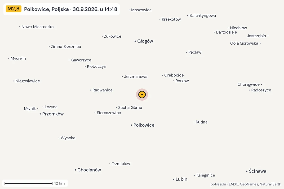 Karta: okolica epicentra, 60 km, potres M2,8, Polkowice, Poljska, 30.9.2026.