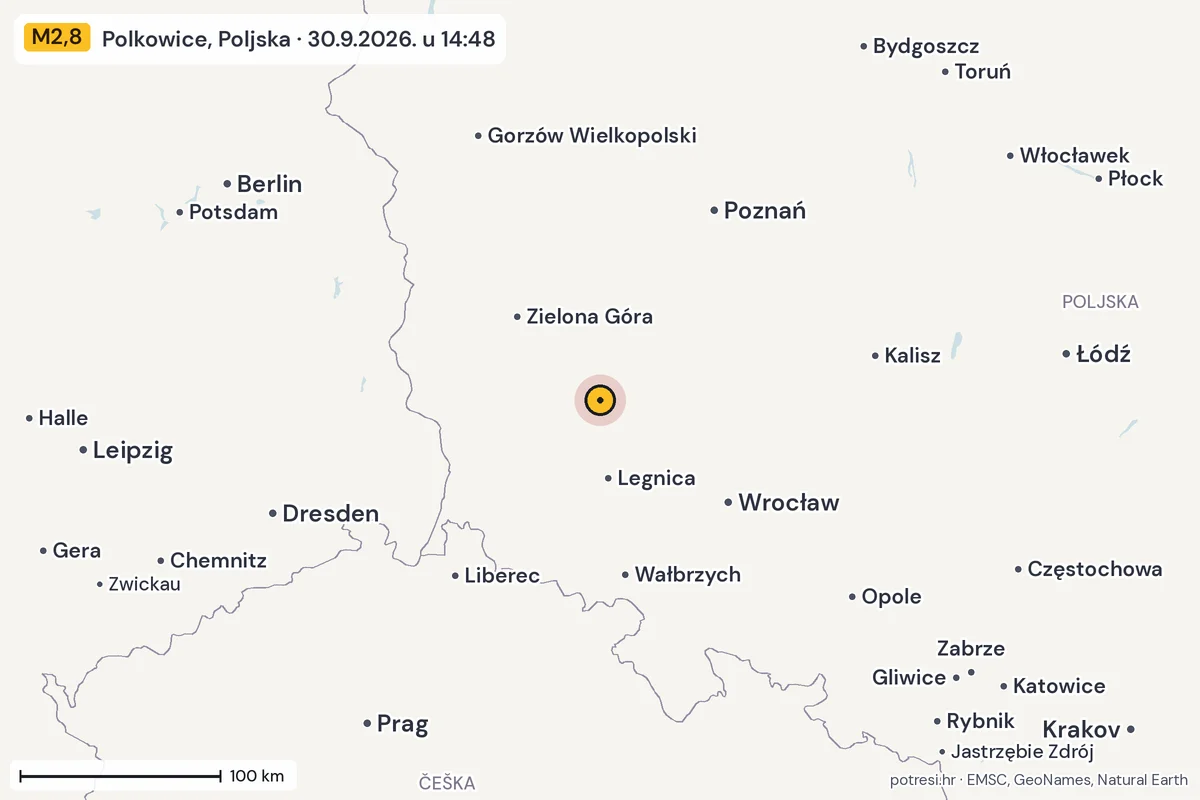 Karta: šire područje, 600 km, potres M2,8, Polkowice, Poljska, 30.9.2026.