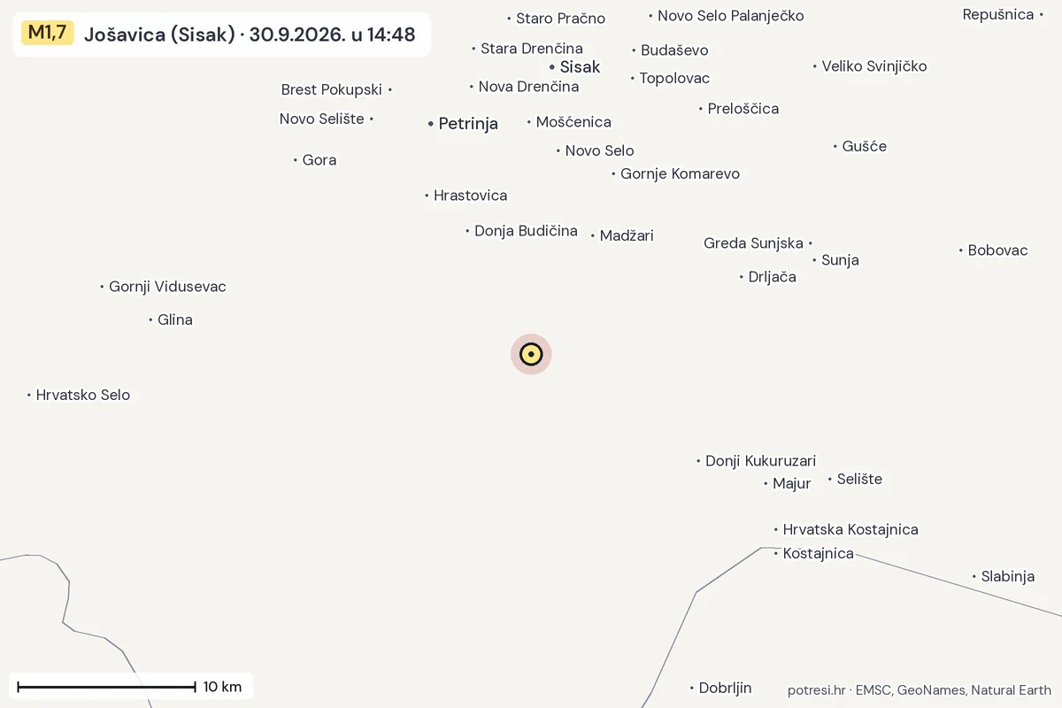 Karta: okolica epicentra, 60 km, potres M1,7, Jošavica (Sisak), 30.9.2026.