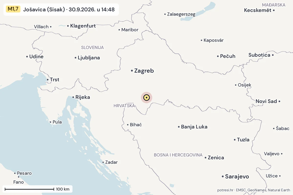 Karta: šire područje, 600 km, potres M1,7, Jošavica (Sisak), 30.9.2026.