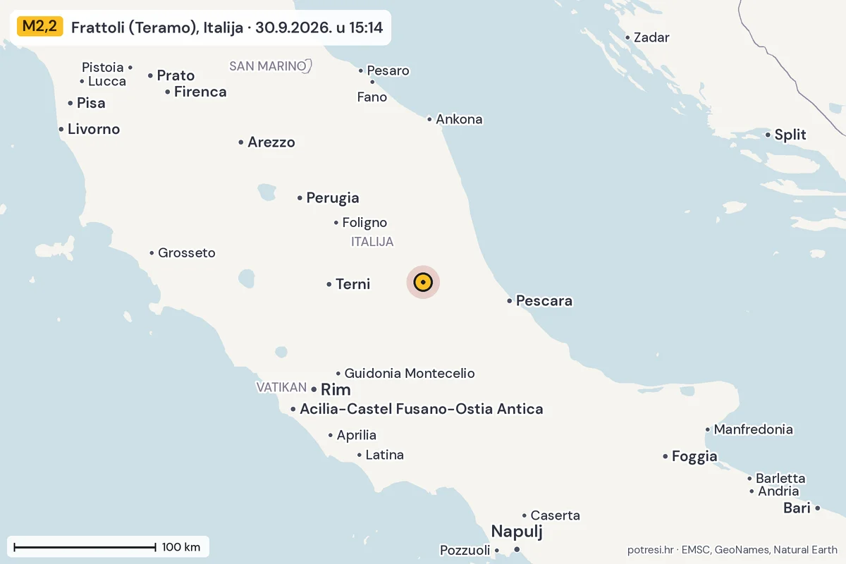 Karta: šire područje, 600 km, potres M2,2, Frattoli (Teramo), Italija, 30.9.2026.