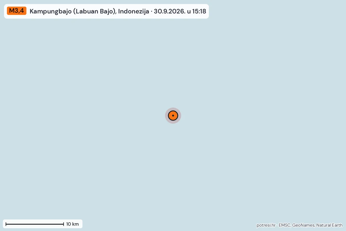 Karta: okolica epicentra, 60 km, potres M3,4, Kampungbajo (Labuan Bajo), Indonezija, 30.9.2026.