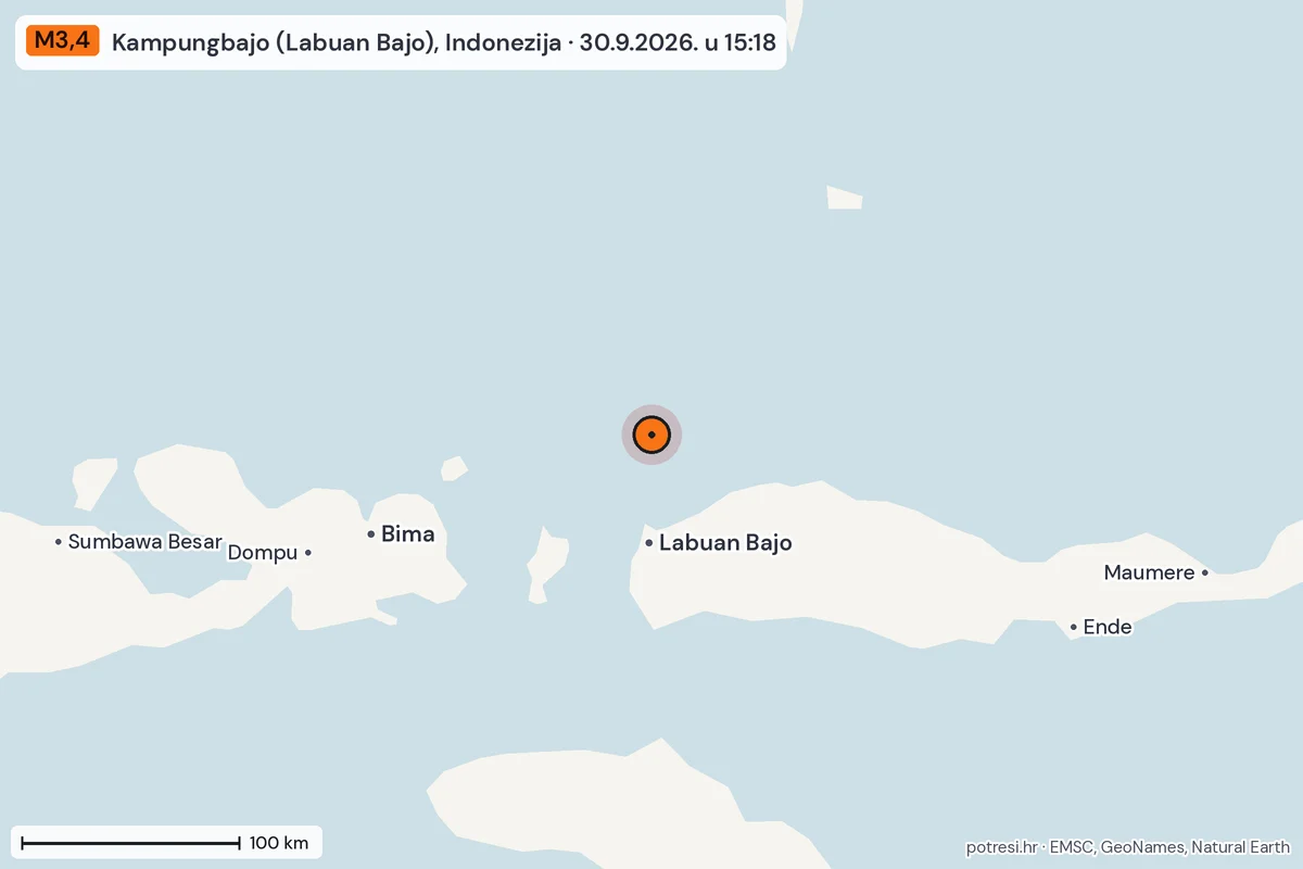 Karta: šire područje, 600 km, potres M3,4, Kampungbajo (Labuan Bajo), Indonezija, 30.9.2026.