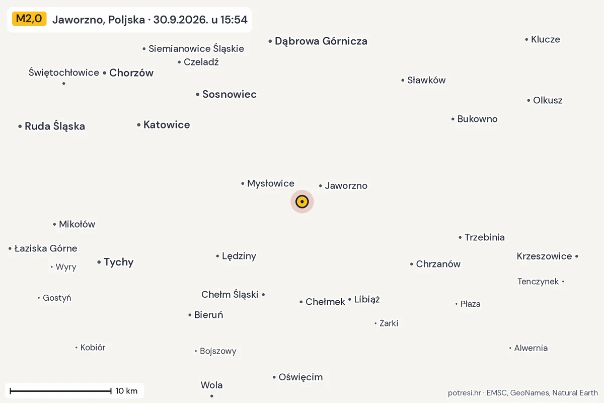 Karta: okolica epicentra, 60 km, potres M2,0, Jaworzno, Poljska, 30.9.2026.