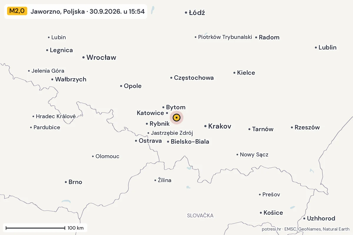 Karta: šire područje, 600 km, potres M2,0, Jaworzno, Poljska, 30.9.2026.