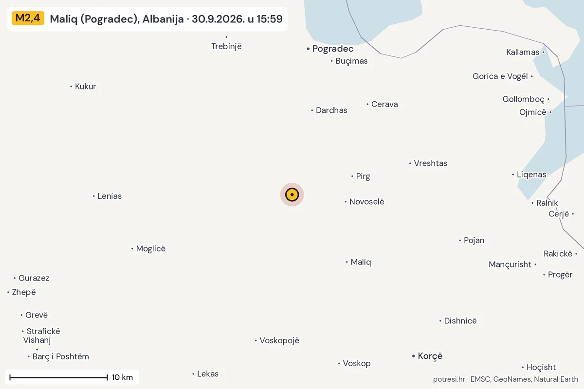 Karta: okolica epicentra, 60 km, potres M2,4, Maliq (Pogradec), Albanija, 30.9.2026.