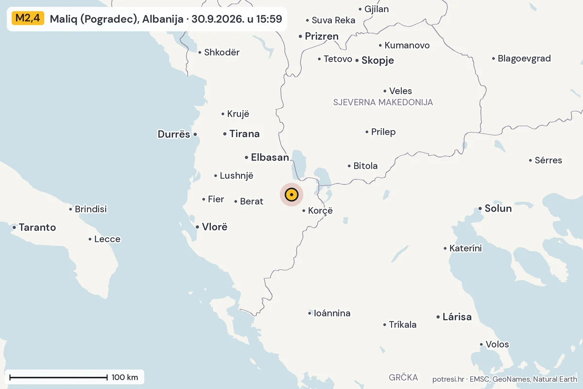 Karta: šire područje, 600 km, potres M2,4, Maliq (Pogradec), Albanija, 30.9.2026.