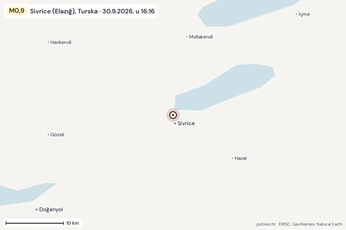Karta: okolica epicentra, 60 km, potres M0,9, Sivrice (Elazığ), Turska, 30.9.2026.