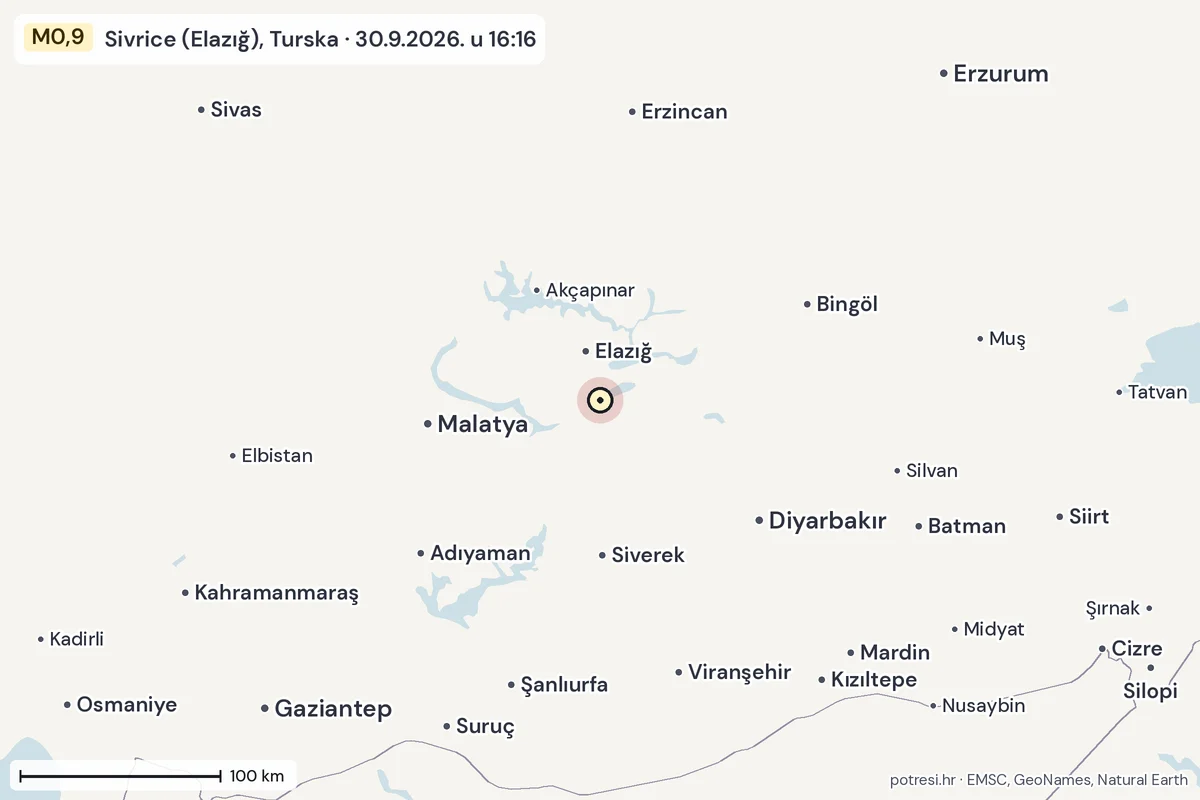 Karta: šire područje, 600 km, potres M0,9, Sivrice (Elazığ), Turska, 30.9.2026.