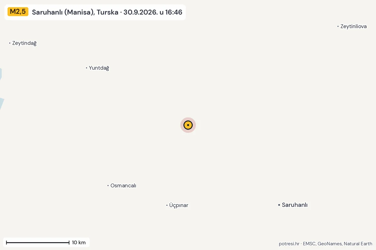Karta: okolica epicentra, 60 km, potres M2,5, Saruhanlı (Manisa), Turska, 30.9.2026.